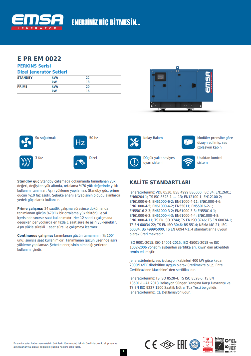 22 kVA Dizel Jeneratör Seti - E PR EM 0022