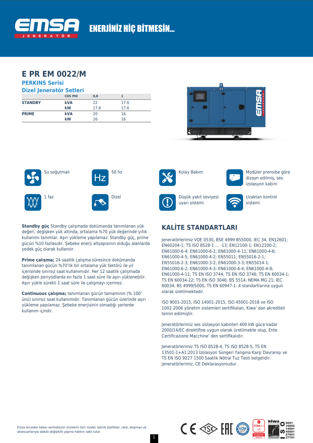 22 kVA Dizel Jeneratör Seti - E PR EM 0022/M